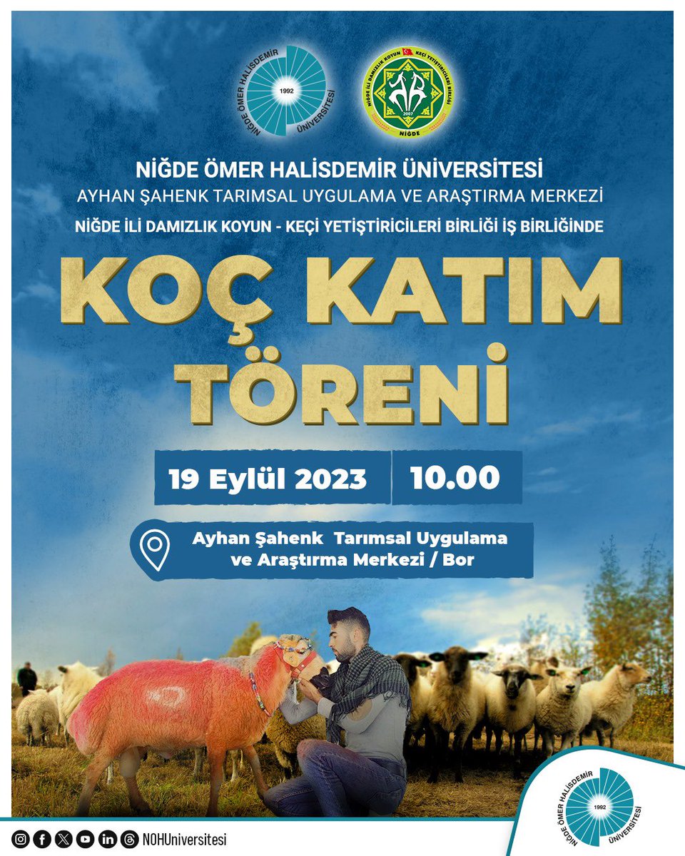 NOHUniversitesi's tweet photo. Geleneksel Koç Katım Töreni

📌Üniversitemiz modern tarım uygulamalarında geleneklerimizi yaşatmaya devam ediyor.

📍NÖHÜ Ayhan Şahenk Tarımsal Uygulama ve Araştırma Merkezi / Bor

🐏🐑🎊

@DrHasanUslu
#NÖHÜ
#Niğde https://t.co/uagCNCGre3