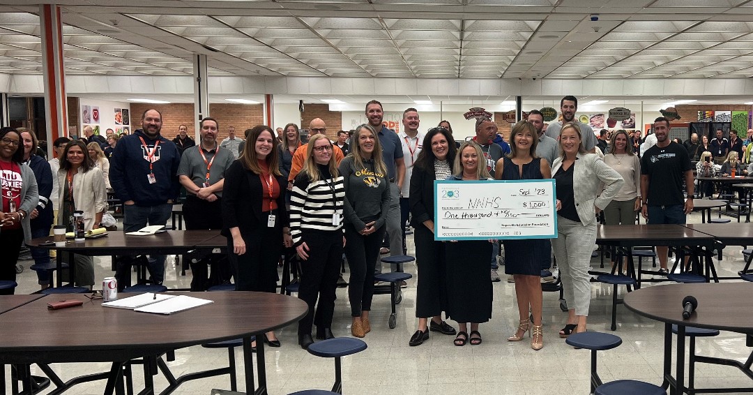 NEF203's tweet photo. Yesterday, NEF Trustees Amanda Kunzer &amp; Kristin Porter presented @NNHSposey with a 2023-24 School Appreciation Grant. The $1,000 in discretionary funds support the unique needs of each school. Thank you for all you do at NNHS to support our @Naperville203 students. #elevate203 https://t.co/ZYRX5ivDhy