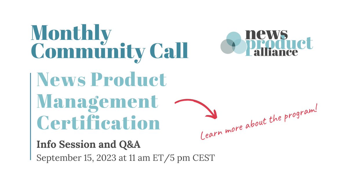 Newmark J+ (@newmarkjplus) on Twitter photo 👀ICYMI: Applications are open for the News Product Management Certification with <a href="/newsproduct/">News Product Alliance</a> + <a href="/NewsCatalyst/">News Catalyst</a>!
Join our Info Session this Friday Sept 15 at 11 a.m. ET to learn about the curriculum, see the application form, and answer your questions! ––
us06web.zoom.us/meeting/regist… 👀ICYMI: Applications are open for the News Product Management Certification with <a href="/newsproduct/">News Product Alliance</a> + <a href="/NewsCatalyst/">News Catalyst</a>!
Join our Info Session this Friday Sept 15 at 11 a.m. ET to learn about the curriculum, see the application form, and answer your questions! ––
us06web.zoom.us/meeting/regist…