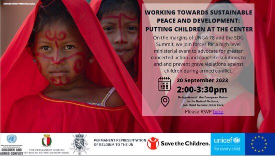 🚨Six days left to register for the high-level side-event organized by @childreninwar, @MaltaUNMission, @EUatUN, @UNICEF & @SC_UNNY promoting the importance of protecting #childreninwar for sustainable peace and development. Register: bitly.ws/U4we