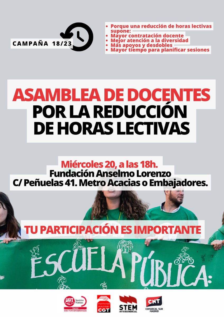 ASAMBLEA DE DOCENTES

Fundación Anselmo Lorenzo
Sólo Madrid y Galicia seguimos con 20 horas lectivas en Secundaria y *25* en Primaria e Infantil este curso

*Abierta* a tod@s l@s docentes de la Comunidad de Madrid.
PARTICIPA ES IMPORTANTE

#DocentesEnAcción
#DefendiendoLaPública