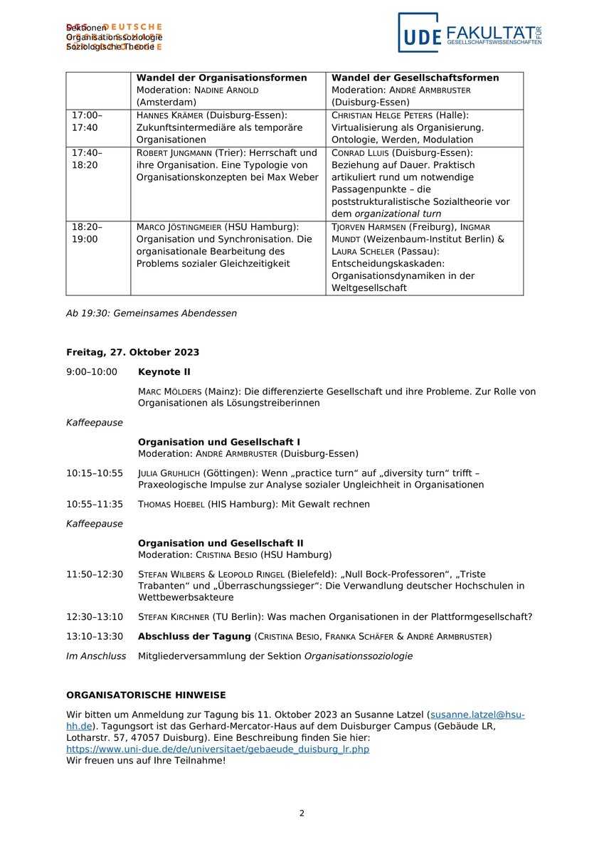 Programm und Einladung zur gemeinsamen Tagung der @Theoriesektion und der Sektion Organisationssoziologie am 26. & 27.10. @unidue!