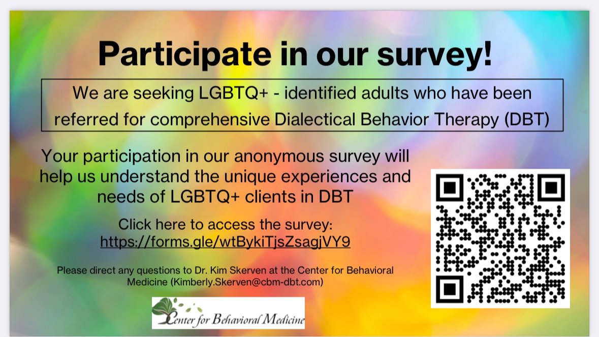 New research alert! LGBTQ folks who are currently in Dialectical Behavior Therapy, used to be in DBT, or are on a waitlist for DBT: your voices are needed to help make #DBT services more LGBTQ-affirmative 🏳️‍🌈 forms.gle/wtBykiTjsZsagj…