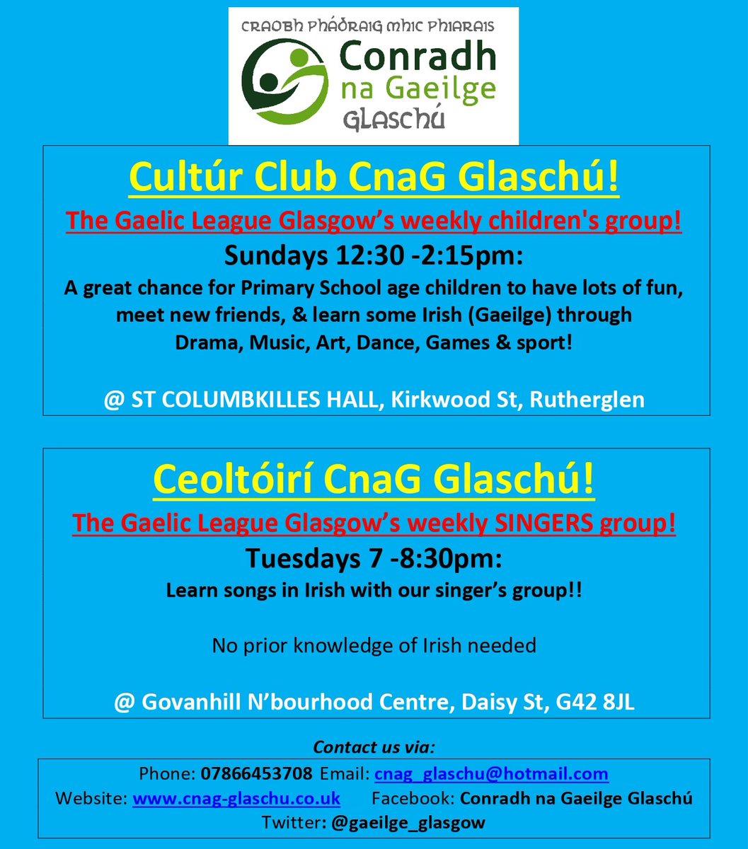 gaeilge_glasgow's tweet photo. our Cultúr Club (for children) &amp;
our SINGERS' GROUP are back!!
Details below!: https://t.co/70bE2FPrA1