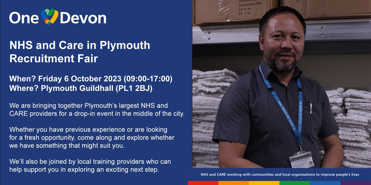 UHP_NHS's tweet photo. Do you want a career with us? Whether you have previous experience or you are looking for a fresh opportunity, come along to our NHS and Care in Plymouth Recruitment Fair on Friday 6 October in Plymouth Guildhall between 9am-5pm to see if we have something that might suit you. https://t.co/FdWgOSnBYk
