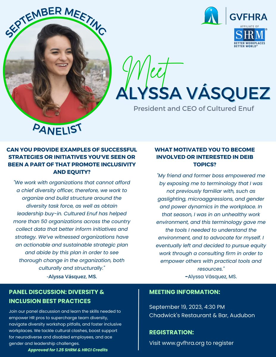 ✨ SPEAKER SPOTLIGHT ✨ 

Meet one of our September 19th Diversity Panelists, Alyssa Vásquez, MS.

To hear more insight from Alyssa, register to join an engaging discussion regarding hot topics in diversity &amp; inclusion at our September 19th Meeting!