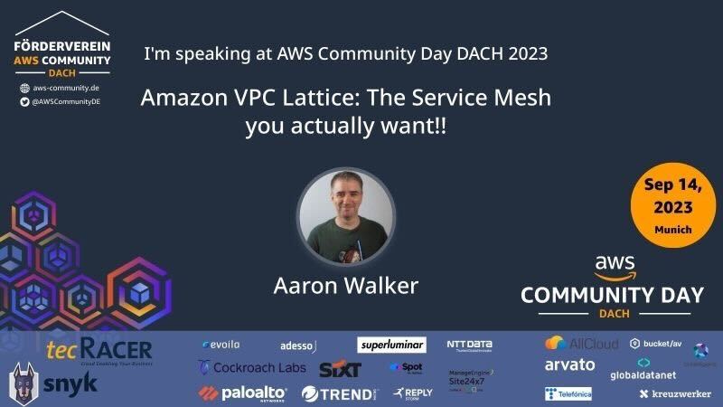 🚀 Elevate your AWS game with Amazon VPC Lattice!
Don't miss <a href="/aaronwalker/">aaronwalker</a>'s session at the AWS Community Day DACH 2023 event in Munich today.
#AWSCommunityDay #AWSCommunityDayDACH  #AmazonVPC #ServiceMeshSimplified