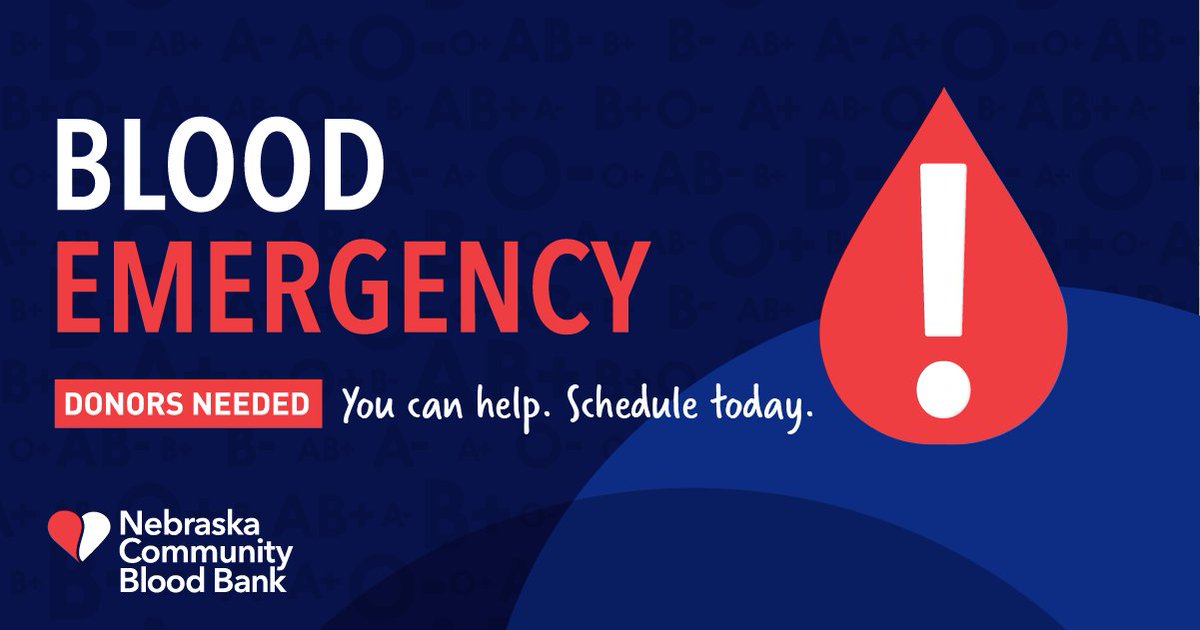 NEBloodBank's tweet photo. Nebraska Community Blood Bank has declared a blood emergency as our region's blood supply is at just 1 - 3 day levels.

Fortunately, you have the power to help! We're asking the community, especially young and first-time donors, to step up. https://t.co/vY0aG0EWNT