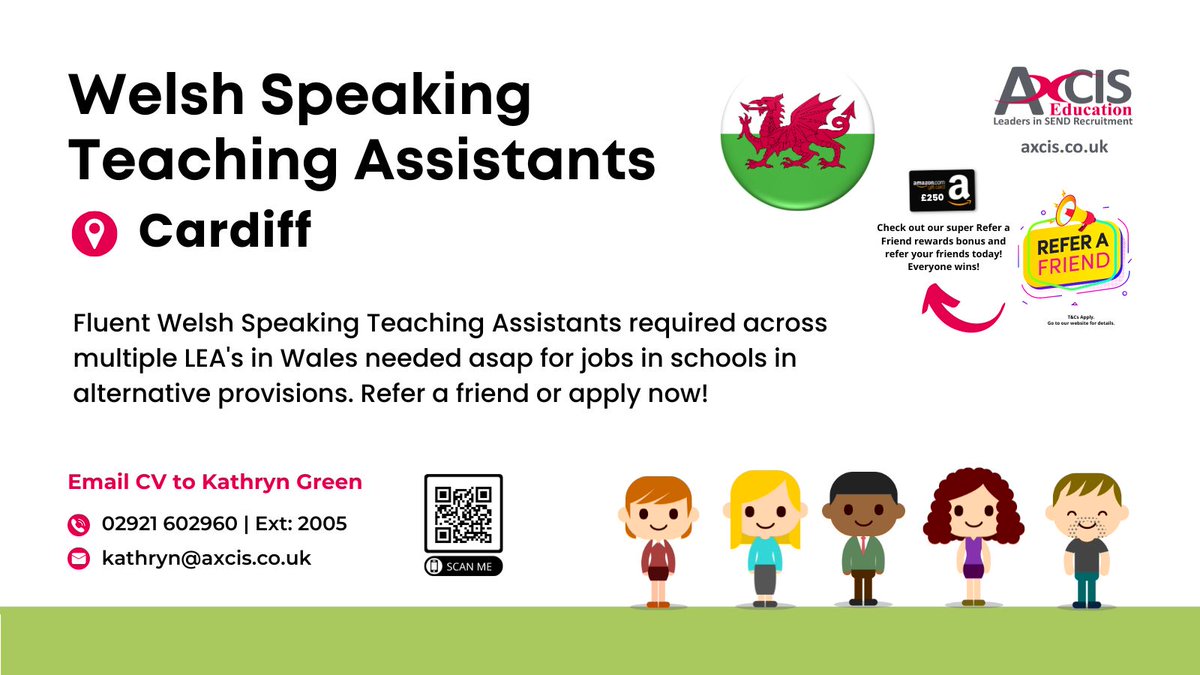 #welshspeaking #teachingassistants required for multiple #LEAs in #Wales | A school in #cardiff is looking to recruit a fluent #welsh speaking #TA to support a pupil in their #SENDbase on a 1:1 basis | E: kathryn@axcis.co.uk / T: 02921602960 | Ext: 2005