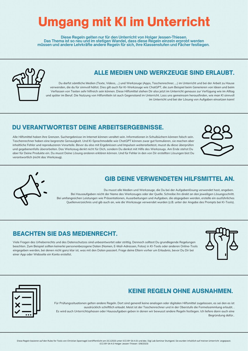 Rules_for_Tooles zum Einsatz für KI in der Schule? Super Vorlage von <a href="/dunkelmunkel/">Christian Spannagel</a> , ergänzt von dem Studienseminar Stuttgart, habe ich angepasst, erstmal für mich, vielleicht auch für die Schule. 
Habt ihr Anmerkungen/Anregungen? #twlz #workinprogress jessen-thiesen.next-cloud.org/index.php/s/K8…