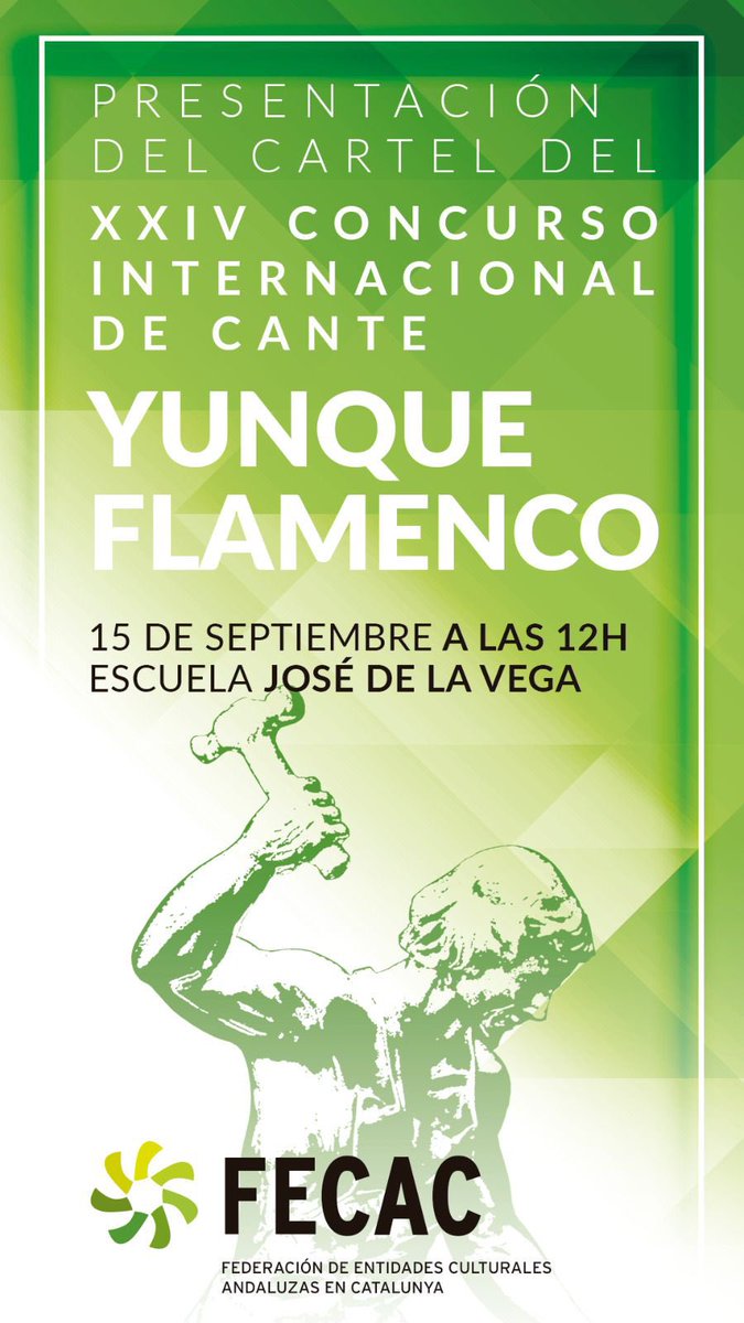 YunqueFlamenco's tweet photo. Mañana viernes día 15 de Septiembre a las 12h, en la escuela de baile Flamenco José De la Vega en Barcelona estaremos presentando el cartel de lo que será el XXIV CONCURSO INTERNACIONAL DE CANTE @YunqueFlamenco 2023
#Concurso #Cante #Jondo #Flamenco #Yunque
@FestivalesFlame https://t.co/84prflgIrs