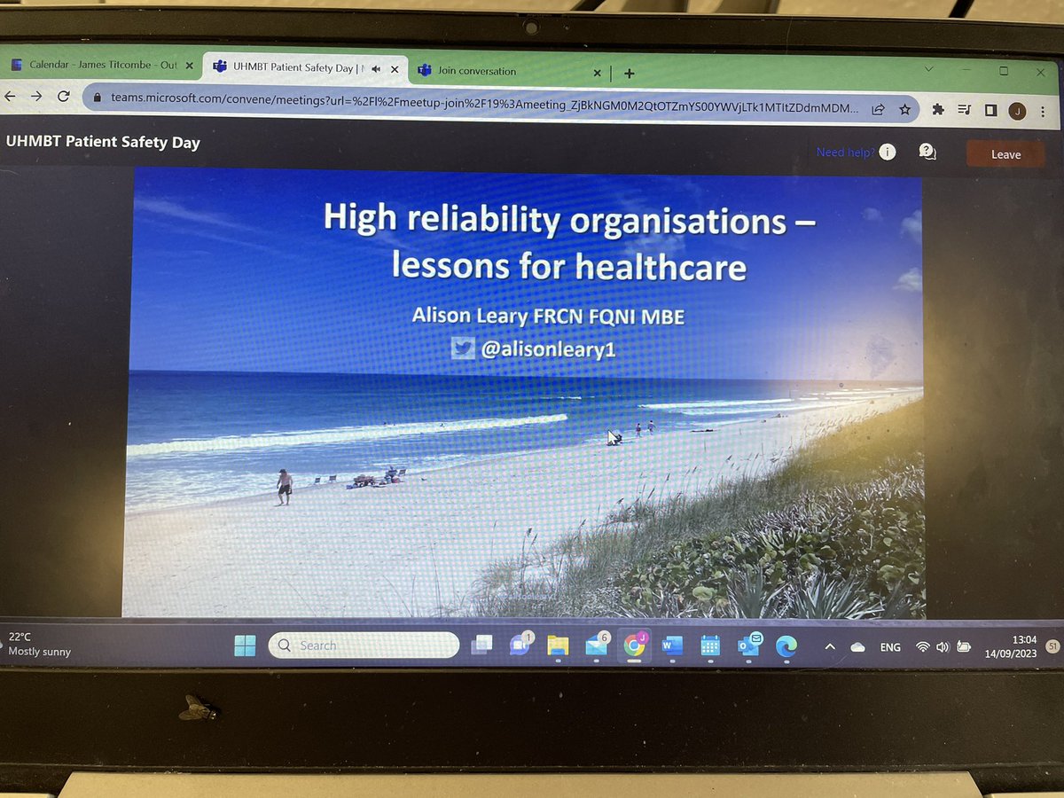 Thrilled to be listening to @alisonleary1 on the subject of High reliability organisations - lessons for healthcare. #UHMBTPSD2023