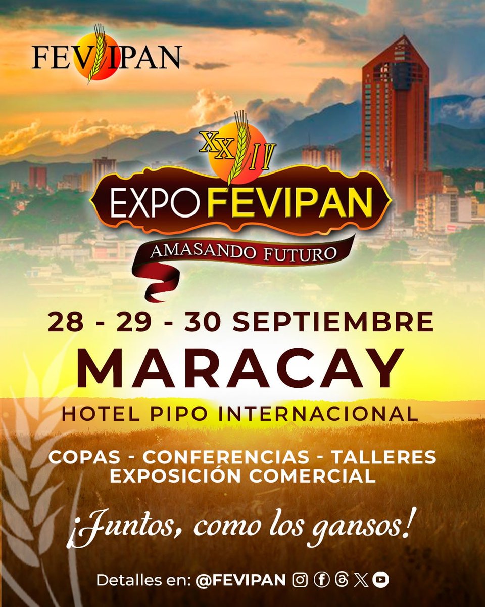 FEVIPAN's tweet photo. 𝗦𝗲 𝗮𝗰𝗲𝗿𝗰𝗮 #𝗫𝗫𝗜𝗩𝗘𝘅𝗽𝗼𝗙𝗲𝘃𝗶𝗽𝗮𝗻 𝗲𝗻 #𝗠𝗮𝗿𝗮𝗰𝗮𝘆🍞🥖🥐Del 28 al 30 de septiembre en @hotelpipo.

🥖Exposición Industrial
🥖Talleres
🥖Concursos
🥖Demostraciones en vivo

El máximo encuentro de la industria panadera. ¡𝗧𝗶𝗲𝗻𝗲𝘀 𝗾𝘂𝗲 𝗲𝘀𝘁𝗮𝗿 𝗮𝗾𝘂í! https://t.co/DujsURjA4E