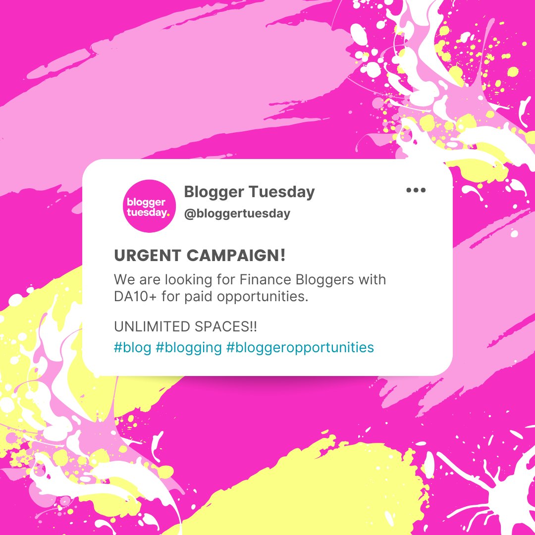 BloggerTuesday's tweet photo. 🚨ATTENTION BLOGGERS!🚨

We have unlimited positions available for bloggers within the Finance niche! 

Drop your links below if you think you fit this category.

#blog #blogging #blogger #financebloggers #finance https://t.co/ujh5yOXD2L