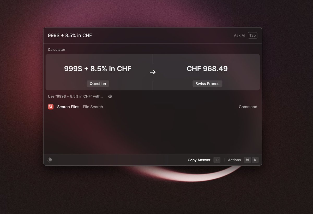 The calculator of <a href="/raycastapp/">Raycast</a> is incredibly helpful. Effortlessly calculating the price of the new iPhone in Swiss Francs with California sales tax. It simply works like magic! ✨