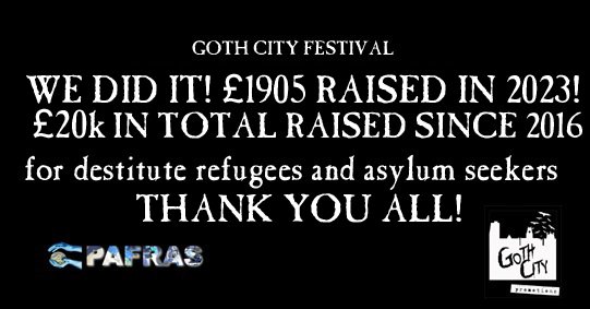 WE DID IT! £20,000 RAISED FOR PAFRAS FROM GOTH CITY FESTIVAL (2016-2023) We raised £1905 in 2023 for @PAFRAS_Leeds, making it £20,000 from Goth City Festival. Massive thanks to all our crew, bands, venues and supporters for helping us reach this incredible milestone 🙏😎🎤⬇️