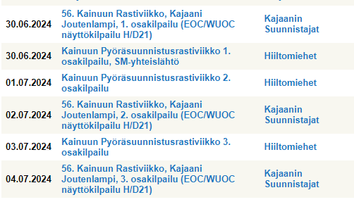 Ensi kesän #Kainuu #Rastiviikko tulee oikea superviikko #Joutenlampi #Kajaani.
Perinteisen #suunnistus-viikon lisäksi pääsarjoissa EM-katsastus ja #pyöräsuunnistus SM-kisa.
Majoitusta riittää #Vuokatti.
<a href="/Kainuuoweek/">58th Kainuu Orienteering Week 28.6.-3.7.2026</a>