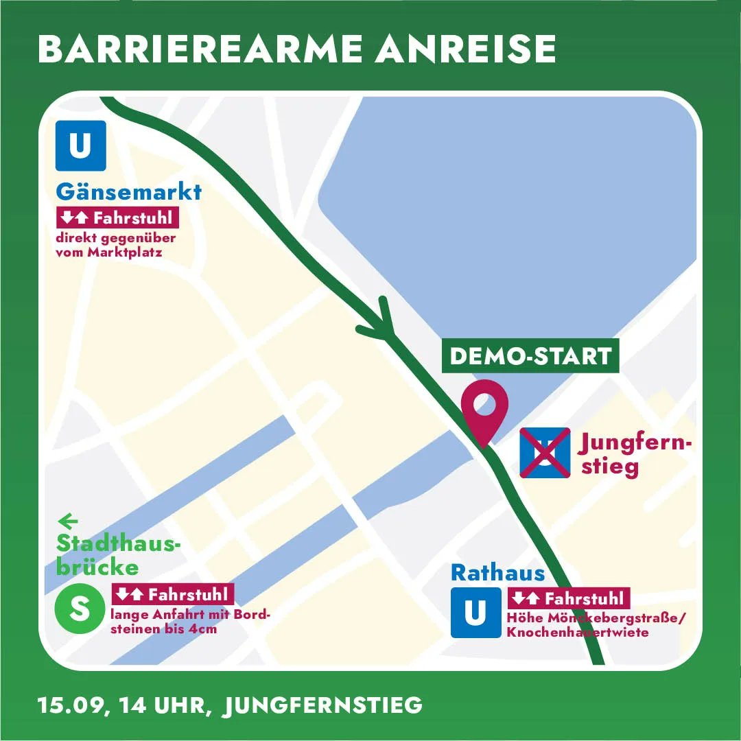 Zur besseren Planung der Anreise zum #Klimastreik morgen raten wir dringend davon ab über U Jungfernstieg zu kommen. 

Bessere Optionen, auch barrierearm, können den Bildern entnommen werden!