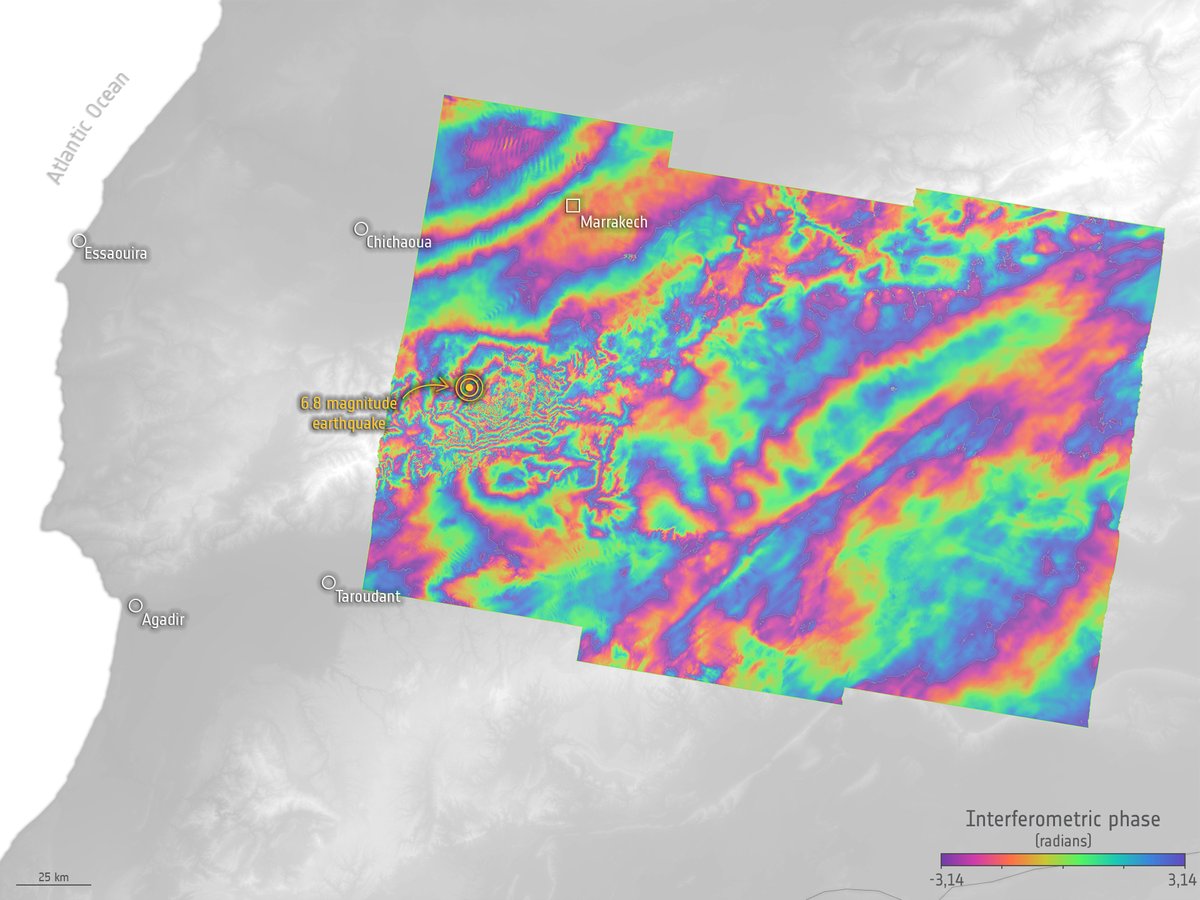 Following the devastating #moroccoearthquake, @copernicusEU #Sentinel1 radar acquisitions from 30 August 2023 and 11 September have been combined to produce this interferogram, which is used to analyse how the ground has shifted as a result of the quake: esa.int/Applications/O…