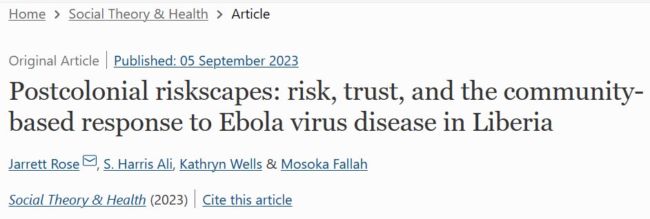 jarrettrose4's tweet photo. Our latest article, "Postcolonial Riskscapes," has been published in @SocThHlth. @SHarrisAli & I evolve the #riskscape concept, exploring how #colonialism impacts #epidemic disease like #Ebola.
#globalhealth #PublicHealth #CommunityEngagement #Africa
https://t.co/VZgCRHG8Vp https://t.co/nFcmqTwhqk