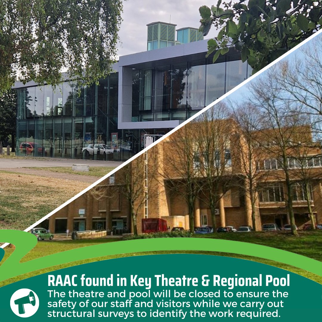 PeterboroughCC's tweet photo. We've identified RAAC in the Key Theatre and the Regional Fitness & Swimming Centre. Both buildings will be closed to ensure the safety of our staff and visitors while we carry out structural surveys to identify the work required. Customers will be notified directly 
🔗 https://t.co/wrbfeXcpys