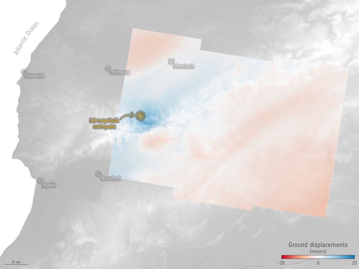 Following the #MoroccoEarthquake on 8 September 2023, radar data from <a href="/copernicusEU/">Copernicus EU</a> #Sentinel1 are being used to analyse how the ground has shifted as a result of the quake. 

🗺️deformation map using acquisitions from 11 September and 30 August 2023
esa.int/Applications/O…