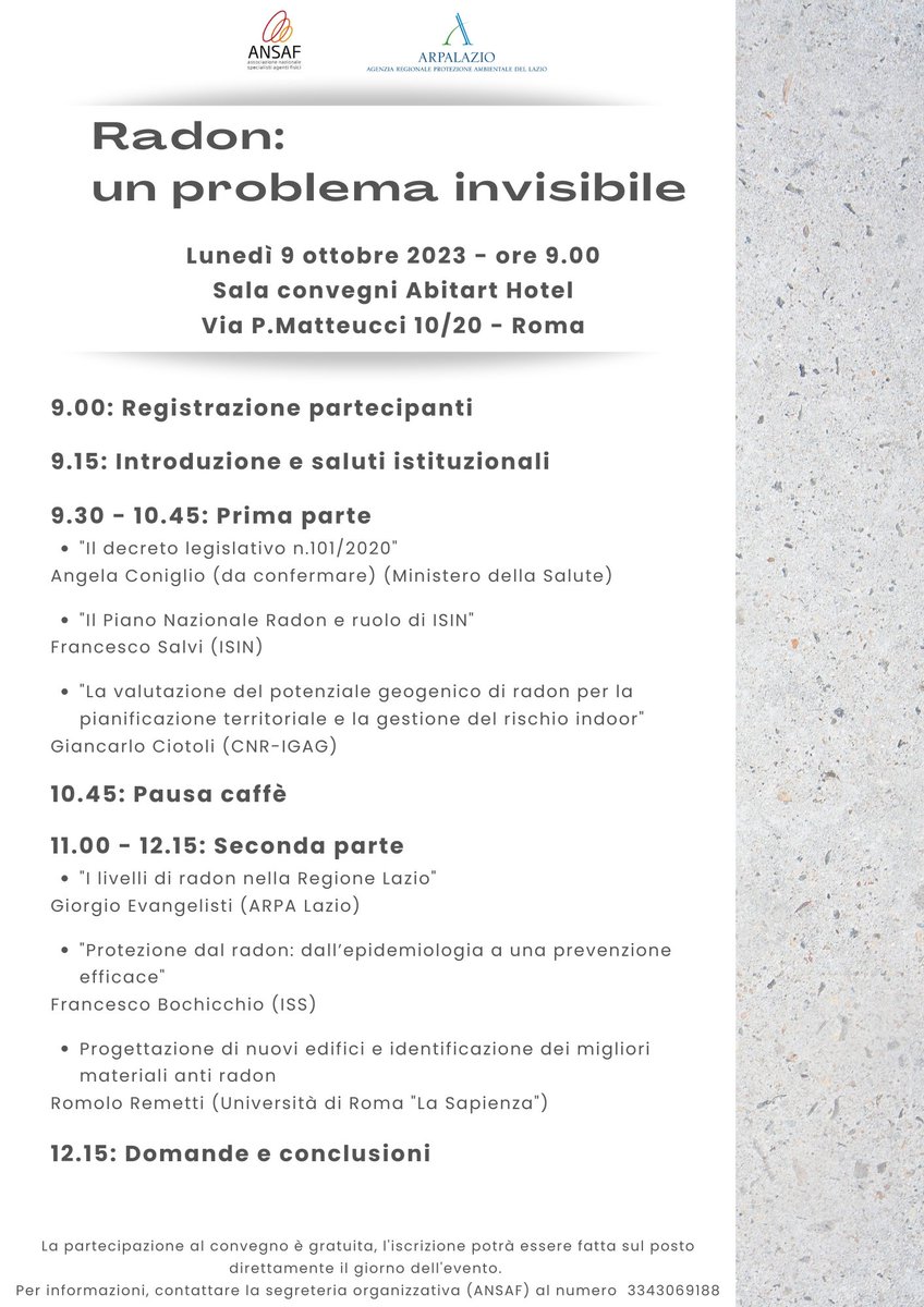 ARPALazio's tweet photo. #SaveTheDate: lunedì #9ottobre a #Roma, convegno sul #Radon organizzato da #ANSAF con supporto #ARPALazio e interventi di esperti da @MinisteroSalute @istsupsan @CNRsocial_ @ISIN_Nucleare e @SapienzaRoma.
Partecipazione gratuita, iscrizioni direttamente sul posto https://t.co/H9xCwIvuks