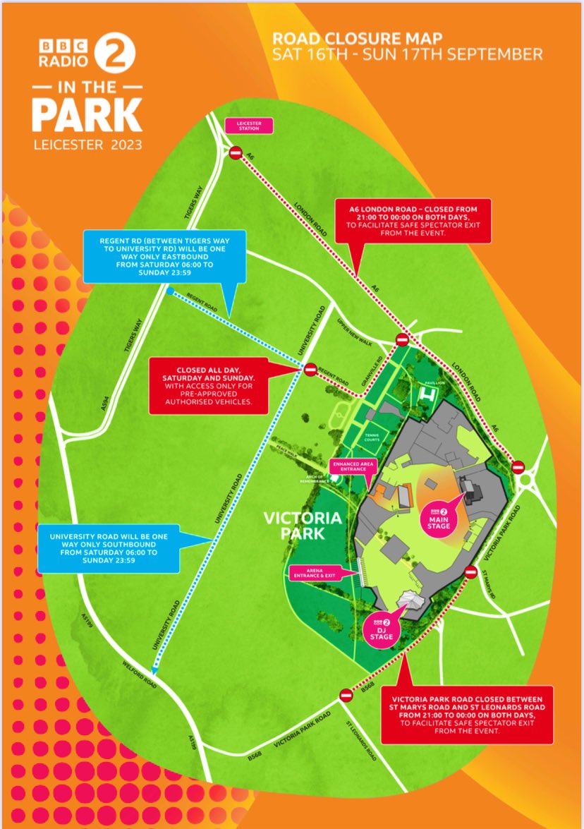 🎶⚠️ @BBCRadio2 #InThePark 
📌 Victoria Park #Leicester 

📣 ℹ️ Important City Road Closures across the weekend. 🚙 💨 #PlanYourJourney
