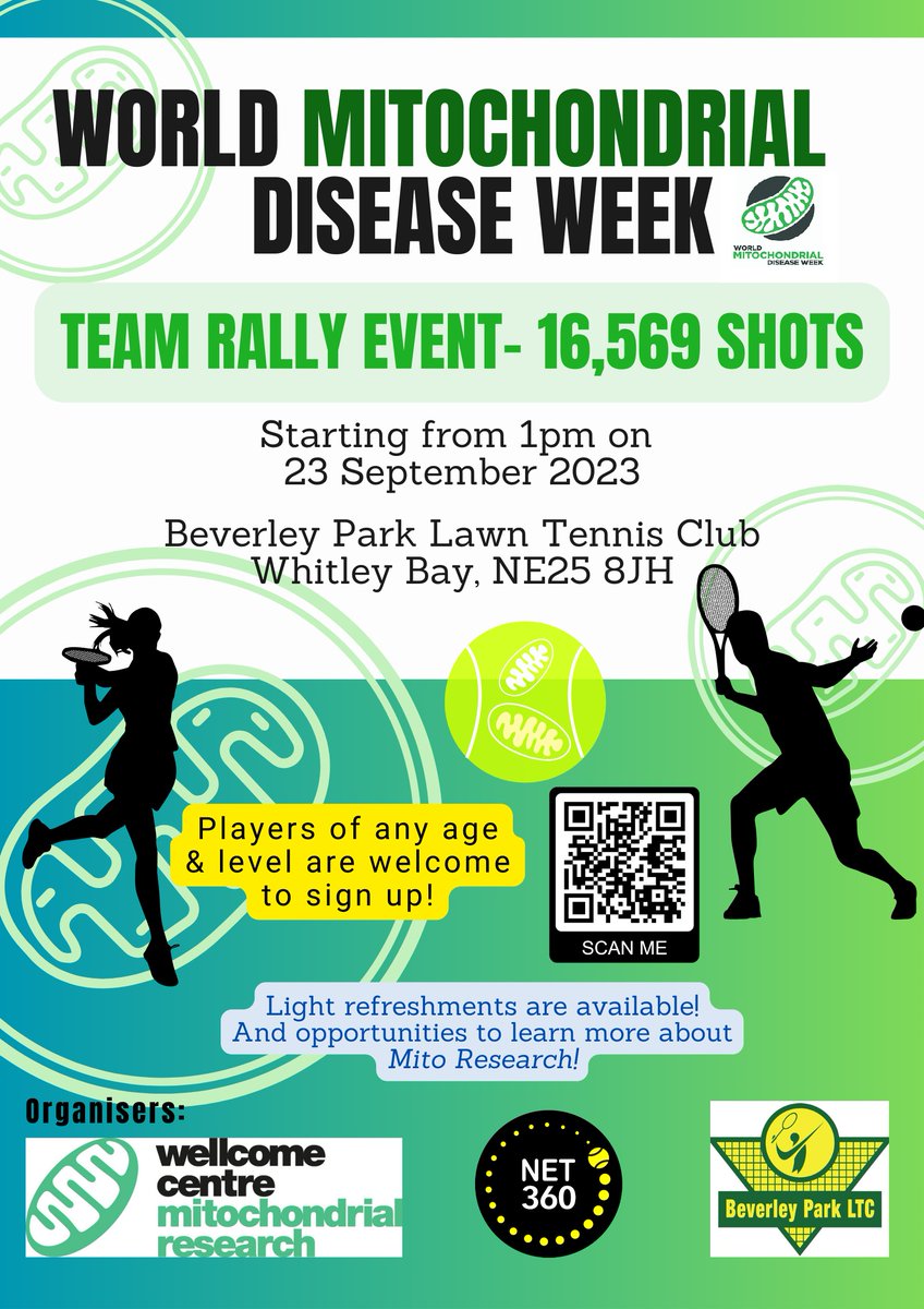 MitoResearch's tweet image. During World @mitoaware Week, the Newcastle Mito Team are extremely excited to work with @beverleyparkLTC &amp;amp; @NET360CIC to host the FIRST team rally event to raise awareness of mito in the UK! 🎾💚The event is open to EVERYONE! Please register using the QR code below 👇
