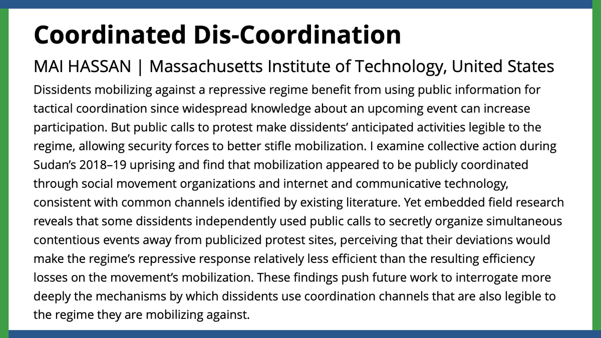 American Political Science Review (@apsrjournal) on Twitter photo What tactics are used to coordinate mobilization under repressive regimes? <a href="/MaiOHassan/">Mai Hassan</a> finds dissidents may strategically deviate from publicly available, coordinated plans to make regime response less efficient.
#APSRFirstView
ow.ly/y76150PIXzI What tactics are used to coordinate mobilization under repressive regimes? <a href="/MaiOHassan/">Mai Hassan</a> finds dissidents may strategically deviate from publicly available, coordinated plans to make regime response less efficient.
#APSRFirstView
ow.ly/y76150PIXzI