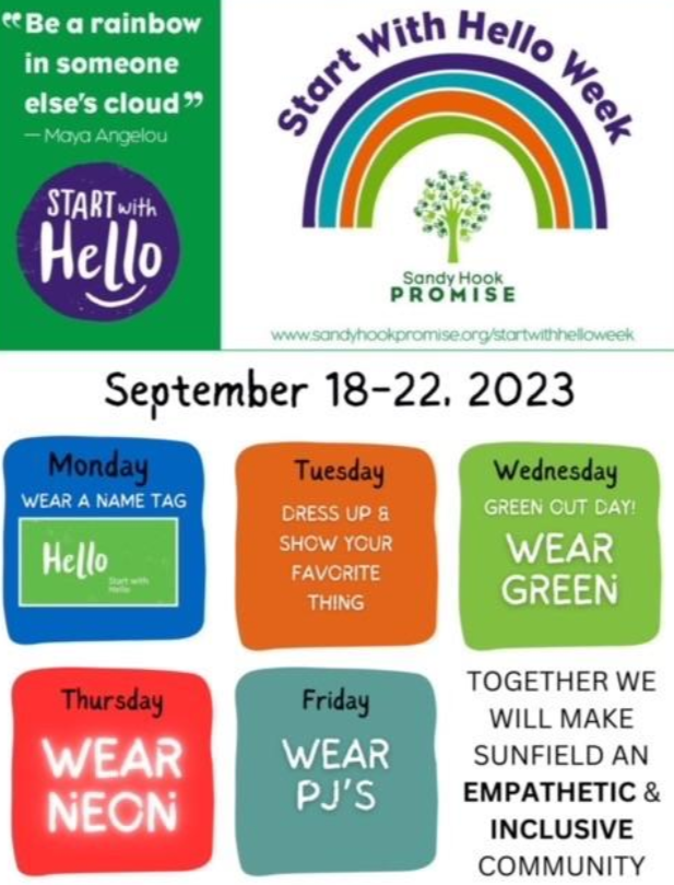 This week and next week in counselor lesson we are discussing the importance of including others by STARTING WITH HELLO! Check out this awesome flyer with details of the dress up days!