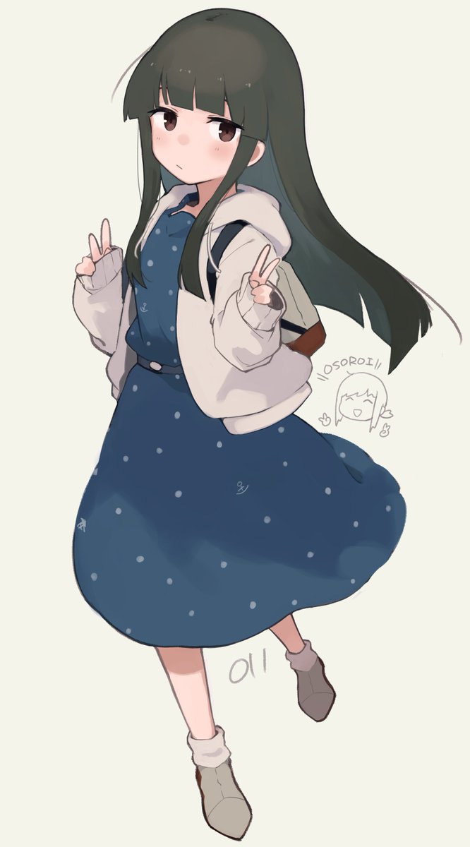 fubuki (kancolle) ,hatsuyuki (kancolle) blue dress dress black hair long hair hood polka dot jacket  illustration images