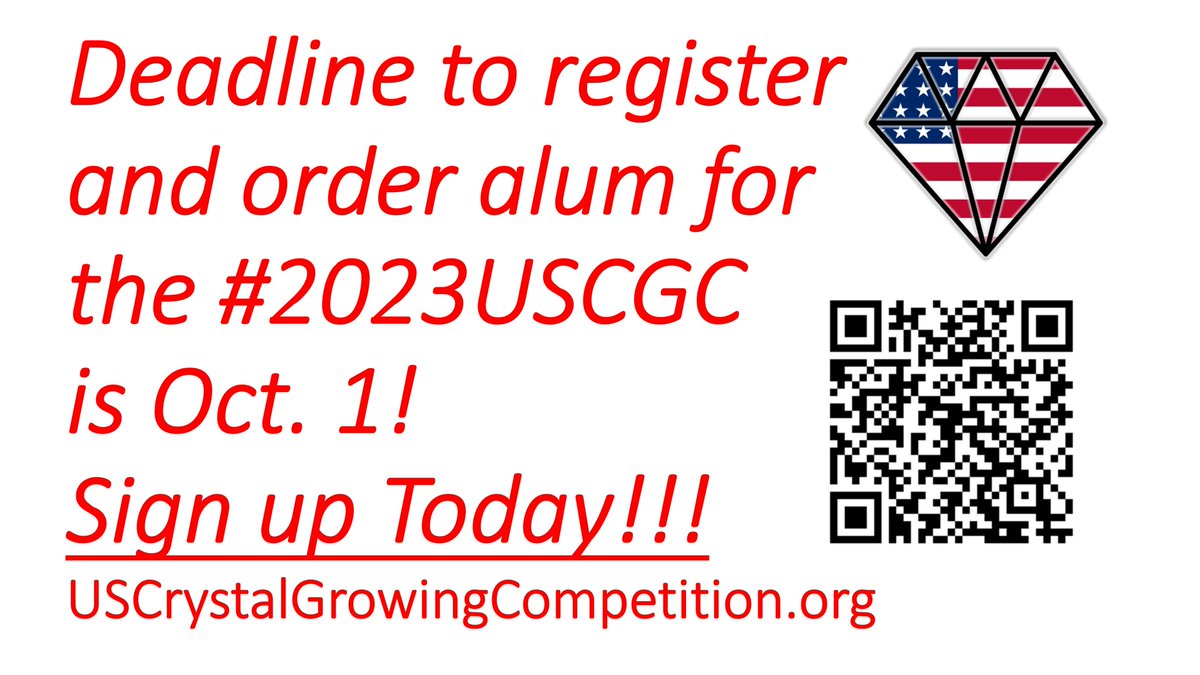 US Crystal Comp (@uscrystalcomp) on Twitter photo Please repost! Deadline to register/order alum for the #2023USCGC is Oct. 1st! Sign up today! It's a fun, exciting #crystalgrowing contest! Great prizes! #crystal #STEM uscrystalgrowingcompetition.org
<a href="/BenedictLabs/">Benedict Research UB</a> <a href="/fjuriberomo/">Fernando Uribe-Romo</a> <a href="/KnopeLab/">The Knope Lab</a> <a href="/drjeffrack/">Jeffrey Rack</a>
@tashalb4 <a href="/UBChemistry/">UB Dept of Chemistry</a> <a href="/TAMUChemistry/">Chemistry Department</a> Please repost! Deadline to register/order alum for the #2023USCGC is Oct. 1st! Sign up today! It's a fun, exciting #crystalgrowing contest! Great prizes! #crystal #STEM uscrystalgrowingcompetition.org
<a href="/BenedictLabs/">Benedict Research UB</a> <a href="/fjuriberomo/">Fernando Uribe-Romo</a> <a href="/KnopeLab/">The Knope Lab</a> <a href="/drjeffrack/">Jeffrey Rack</a>
@tashalb4 <a href="/UBChemistry/">UB Dept of Chemistry</a> <a href="/TAMUChemistry/">Chemistry Department</a>