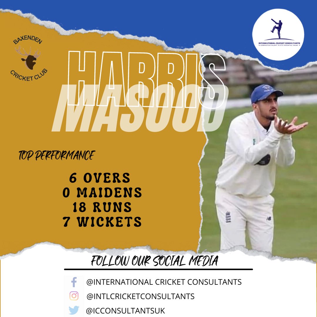 Youngster Harris destroys opposition with a devastating spell of 7-18. Thats why we deal with Quality and not Quantity. Exclusively Represented By International Cricket Consultants ✅ For Queries: Call: +44 7401 655464 Email: info@internationalcricketconsultants.com