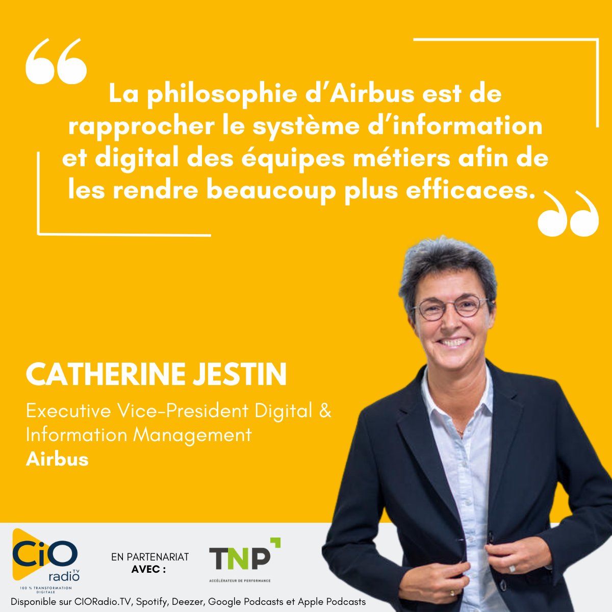 [INTERVIEW] 🎙️
 
🎧Ecoutez sur : lnkd.in/eYEXj-YG

Billie Ducourant interviewe Catherine Jestin, Executive Vice-President Digital &amp; Information Management chez <a href="/Airbus/">Airbus</a>, sur <a href="/cioradio_tv/">CIO Radio.Tv</a>.

🤝@TNPConsultants.  

#décarbonation #aéronautique #SAF #digitalisation