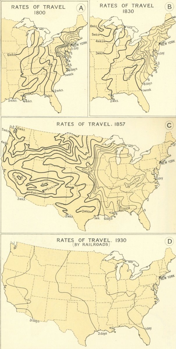 vintagemapstore's tweet photo. Historical travel times from New York City to the rest of the U.S. (from the 1932 Atlas of the Historical Geography of the United States) https://t.co/tGok9xAY4P