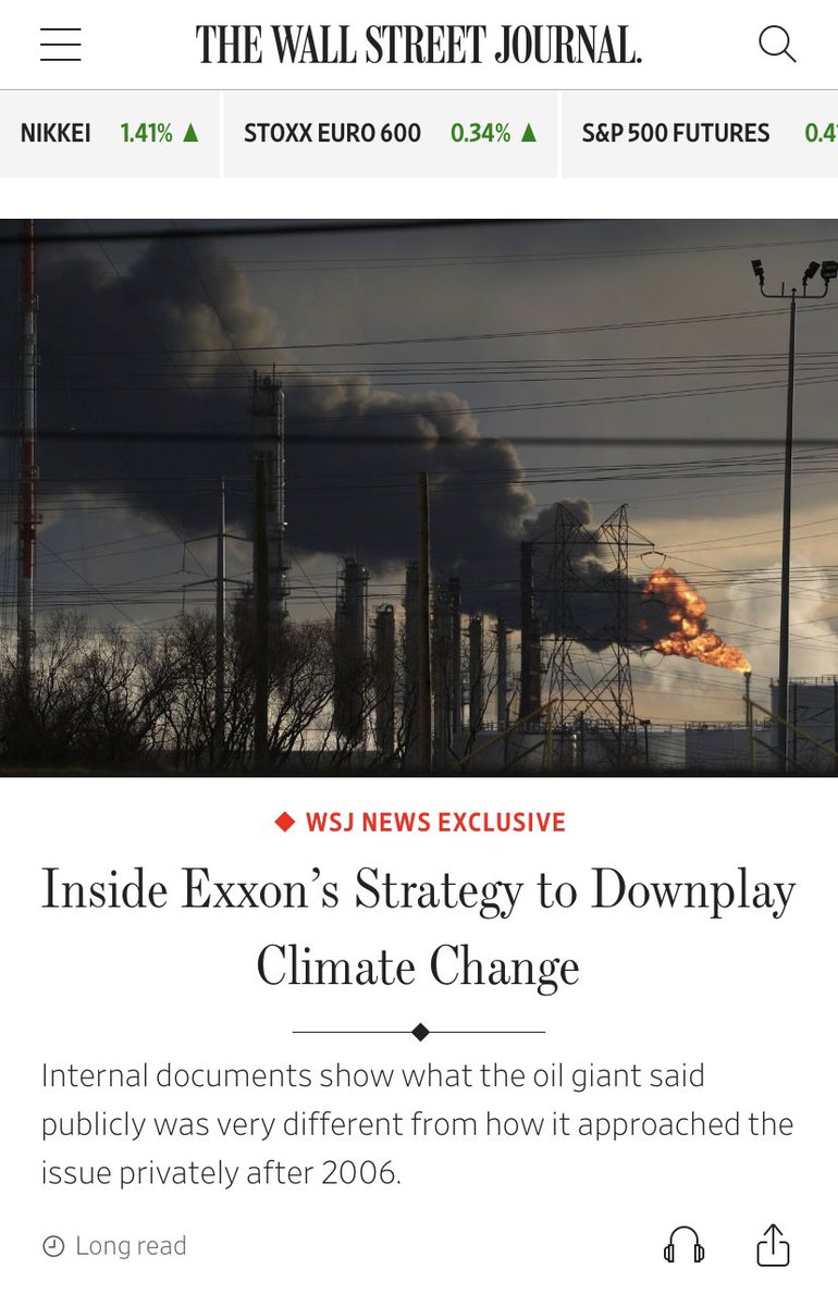 jamieclimate's tweet photo. FRONT PAGE of the Wall Street Journal this morning is another massive expose of Exxon’s strategy to attack climate science and block action. 

Climate change isn’t just a tragedy, it’s a crime. 
https://t.co/dYg6wS7Z6K https://t.co/da3SbTyYeK
