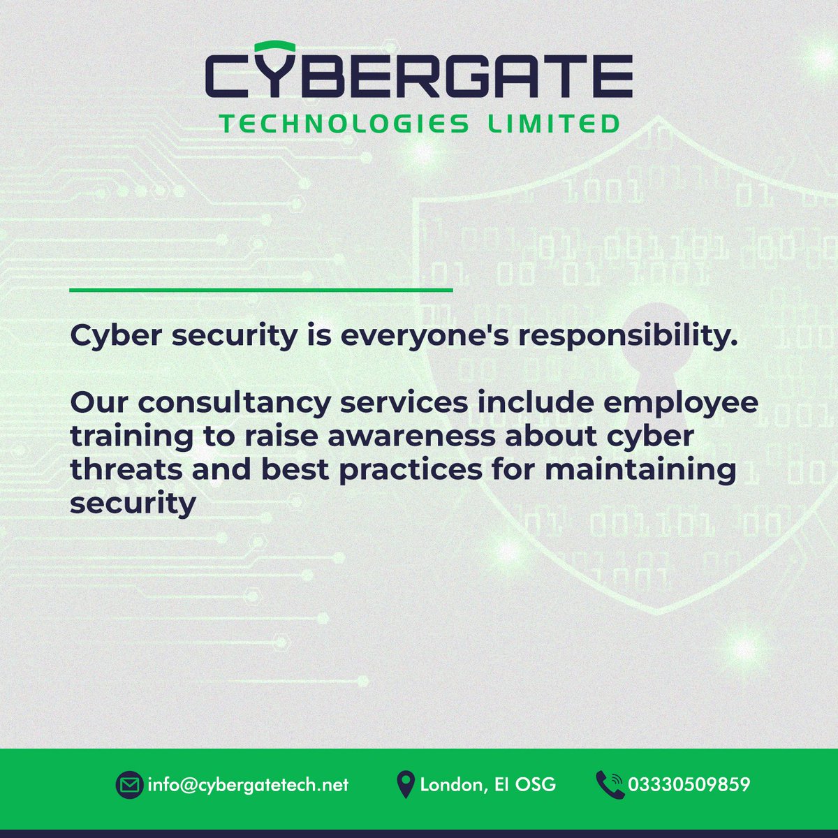 cybergate_tech's tweet photo. Cyber security is everyone's responsibility. Our consultancy services include employee training to raise awareness about cyber threats and best practices for maintaining security.

#CyberSecurity
#CyberThreatAwareness
#MaintainSecurity
#SME
#IT https://t.co/5BL36EN1yv