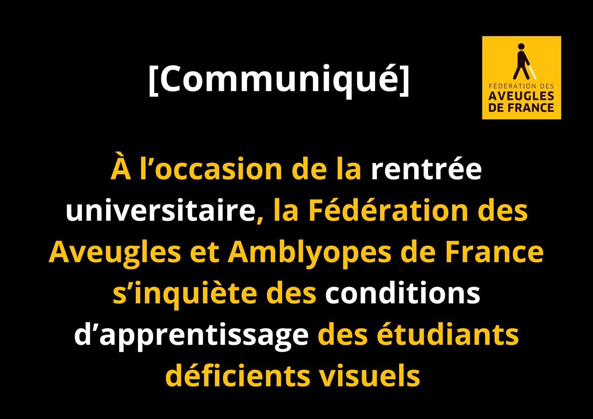 [Rentrée universitaire] 
Il est essentiel de garantir un accès équitable à l'éducation supérieure. 
Les <a href="/Aveugles_France/">AVEUGLES DE FRANCE</a> s'inquiètent des conditions d’apprentissage des étudiants déficients visuels.
👉tinyurl.com/mr36cywm
#RGAA #a11y #citoyenneté #étudessupérieures