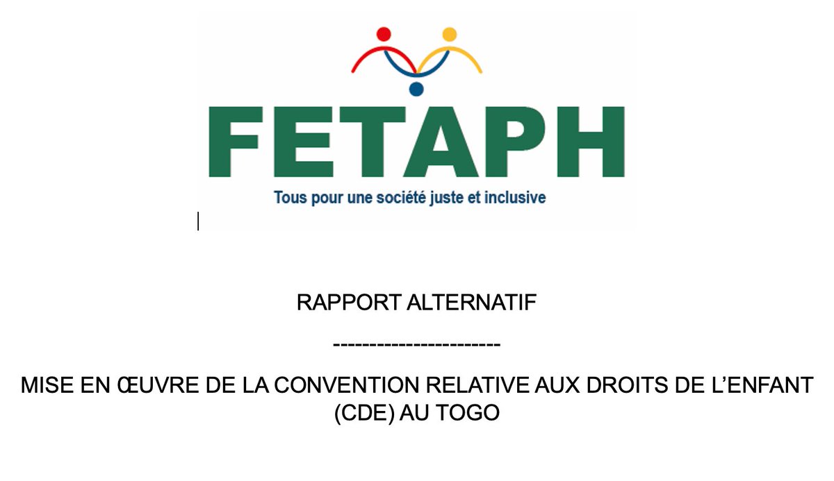 IDA_CRPD_Forum's tweet photo. The Fédération Togolaise des Associations des Personnes Handicapées (FETAPH) has submitted an alternative report in advance of this #CRC94 session! You should be able to find it here soon in English and French: https://t.co/z8HqzAbSpv! https://t.co/lOtm952cAJ