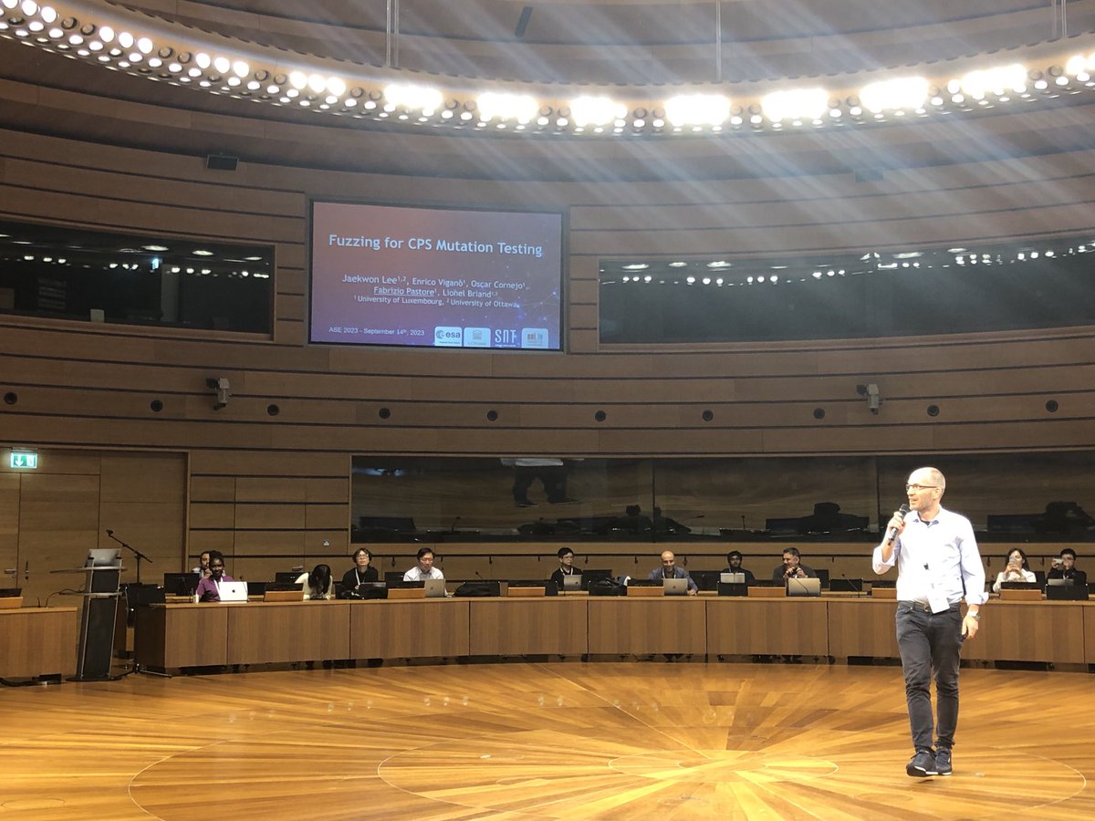 Fabrizio Pastore is presenting at ASE 2023: Fuzzing for CPS Mutation Testing A project with the European Space Agency Note the remarkable conference room. Rock star treatment 🙂