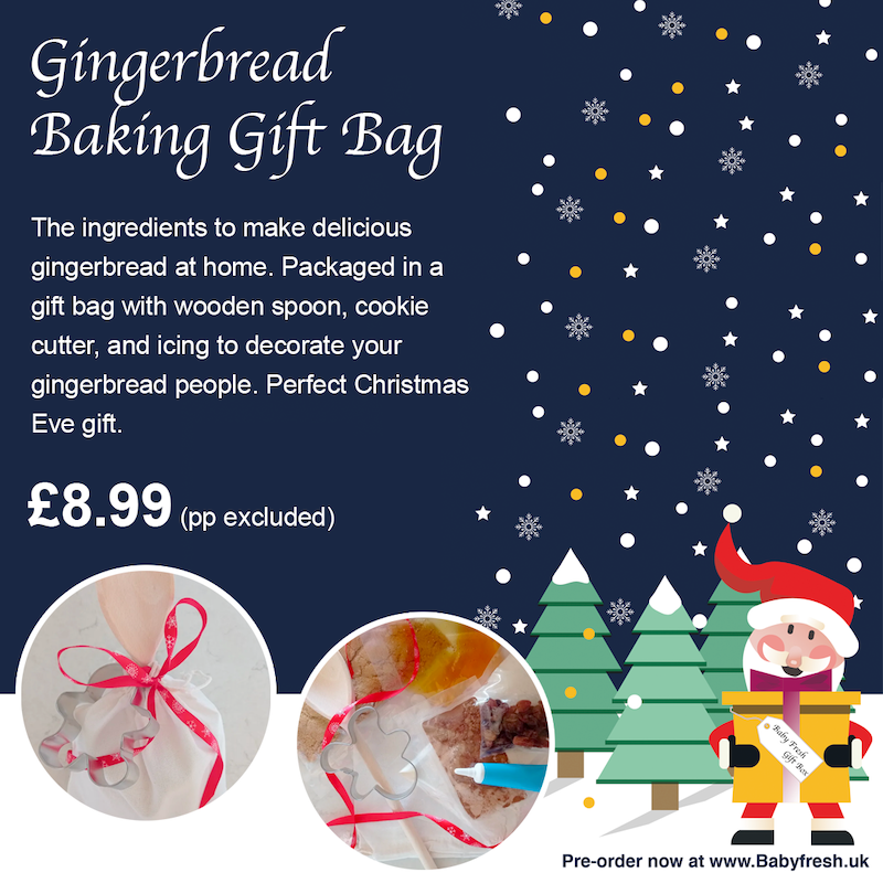 Gingerbread Baking Gift Bag 🎄 Now available for pre-order at babyfresh.uk

A great gift for baking with kids on Christmas eve. Everything contained in a hessian bag and ribbon.
Can be pre-ordered for delivery just before Christmas.

#babyfreshrecipes @babyfreshuk