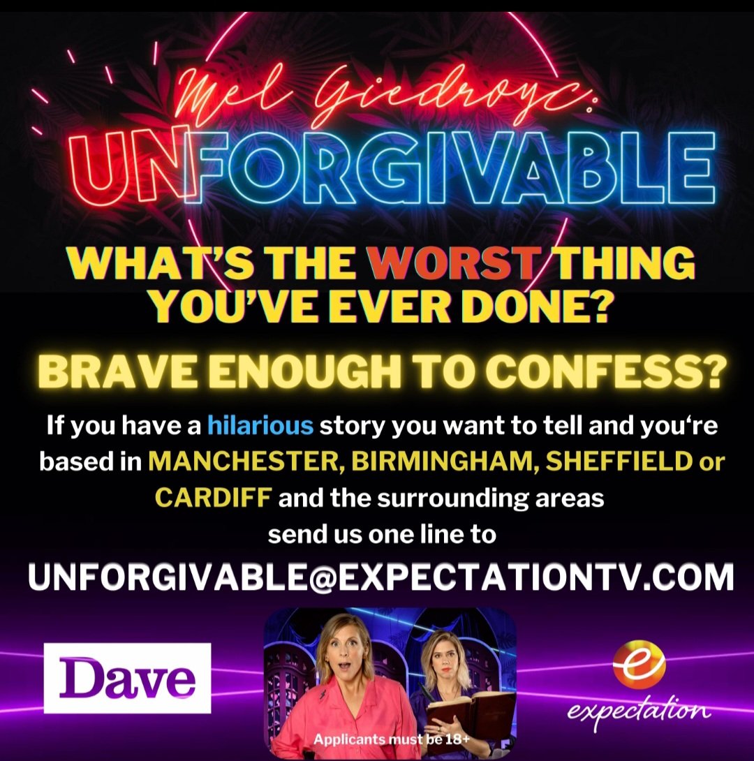 framensah1's tweet photo. @Northern_Steve PLS RT What's the worst thing you have done? Brave enough to confess to Mel Giedroyc? Send us a one line confession to: Unforgivable@expectationtv.com #confessions #dave_tvchannel #uktv #funny #Lies #hilarious https://t.co/f4MU9QnfX7