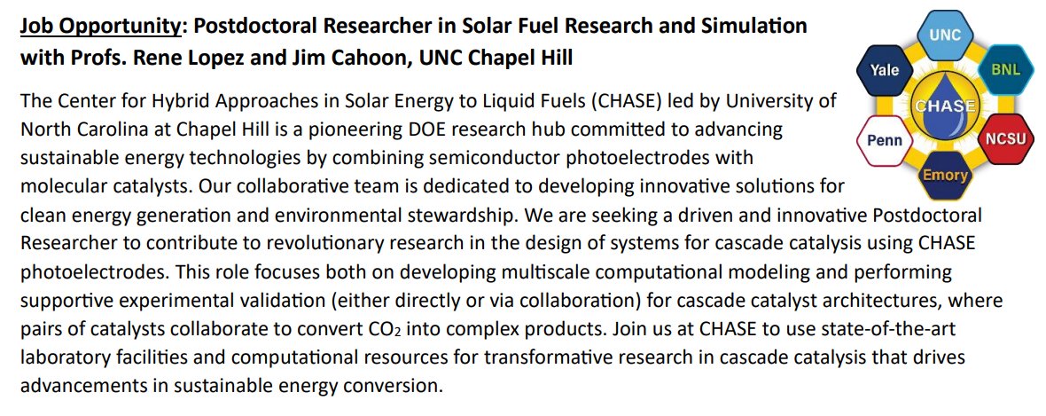 CHASE is hiring for a postdoc position in solar fuels and simulations research! This position would be joint between the Lopez lab and the @CahoonLabUNC, and would be highly collaborative within CHASE. See below for more details! #postdoc #chempostdoc static1.squarespace.com/static/62a2221…