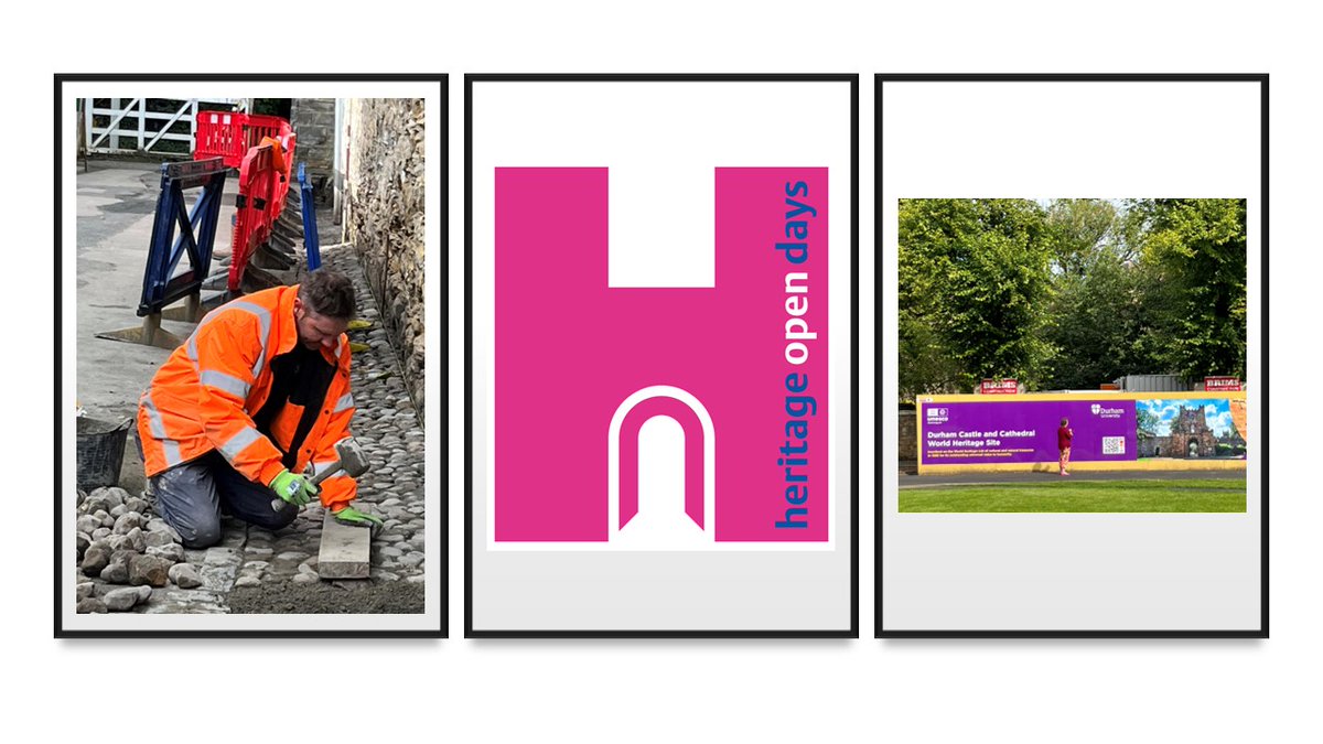 It's a busy week here on the World Heritage Site! In addition to our @heritageopenday events we’ve got our updated graphics outside Durham Castle, Joseph is a member of the @DurhamCouncil team who are laying cobbles on the Bailey, and we’re anticipating visitors from @UNESCO !