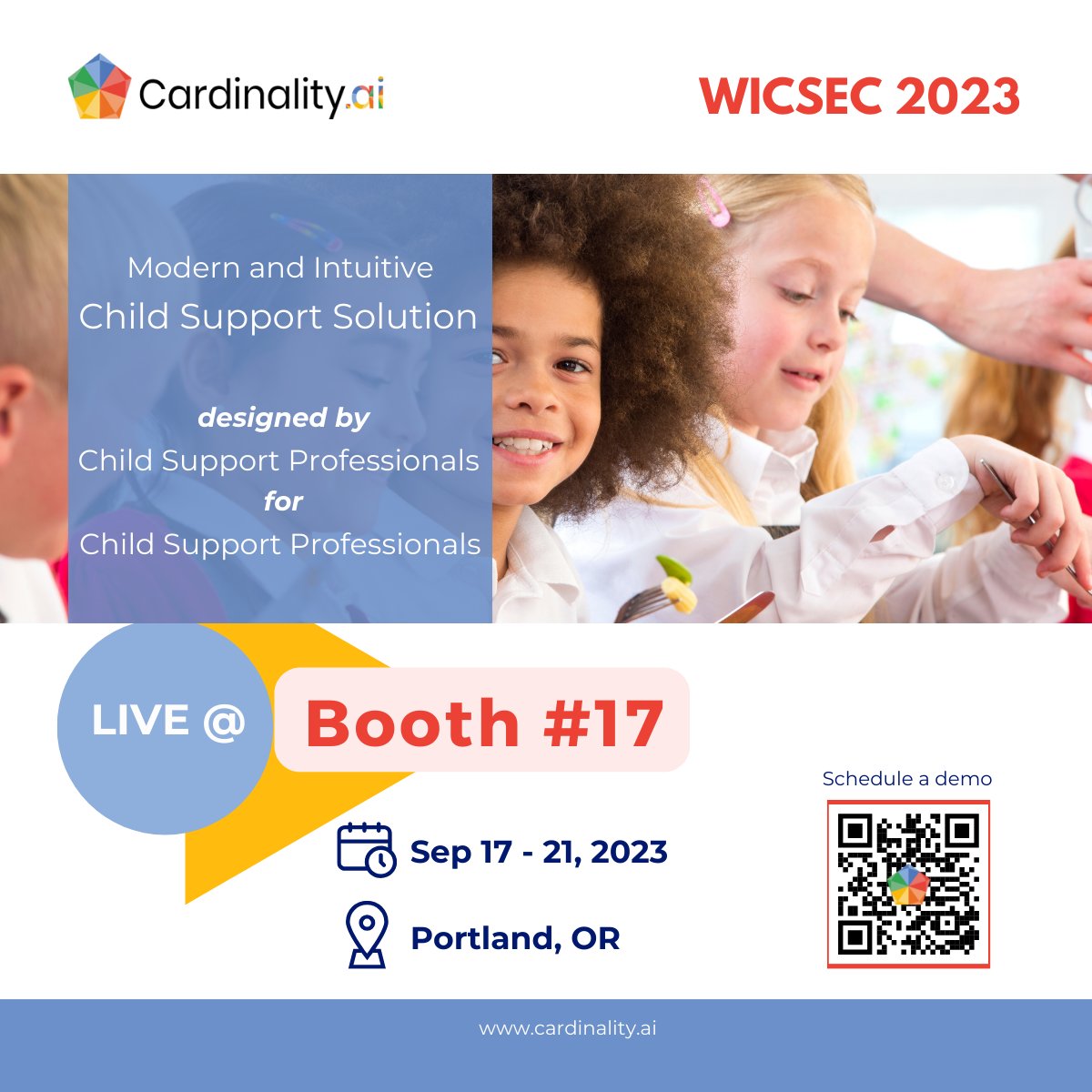 cardinalityai's tweet photo. Cardinality is at WICSEC 2023!
Visit Booth #17 for live demos of our AI-powered Child Support solutions, giveaways, and meet Amber & Erica, our HHS experts with 40+ years of experience.
#Cardinality #ChildSupport #AI #HHS #WICSEC2023 https://t.co/4q4t3ivm9z