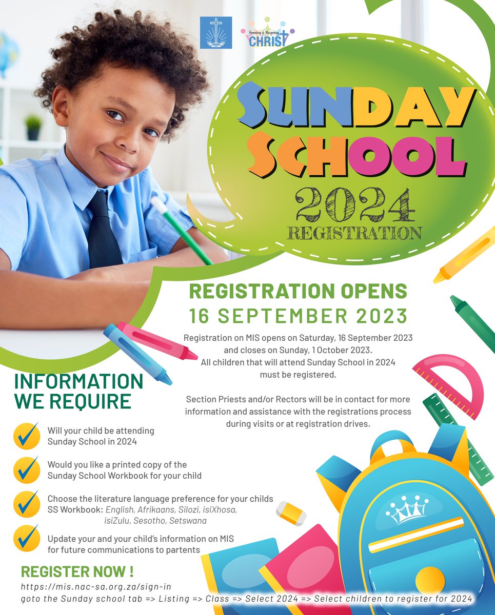 NAC__SA's tweet photo. 2024 Sunday School Registrations
#NAC4LIFE #nacsouthafrica #WorshipTogether #servingandreigning #withchrist #newapostolic #nactoday #nac #newapostolicchurch #christ #nacsa #southernafrica #nac4life #sundayschool #2024registration https://t.co/L3XikYHmRP