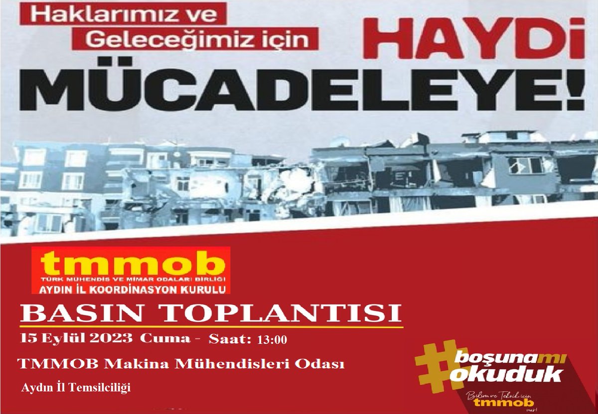 TMMOB1954's tweet photo. TMMOB Aydın İKK Basın Açıklaması çağrısı:
Haklarımız ve Geleceğimiz için Haydi Mücadeleye!

15 Eylül 2023 Cuma
13.00
TMMOB MMO Aydın İl Temsilciliği
#boşunamıokuduk https://t.co/Yl5seTvO1w