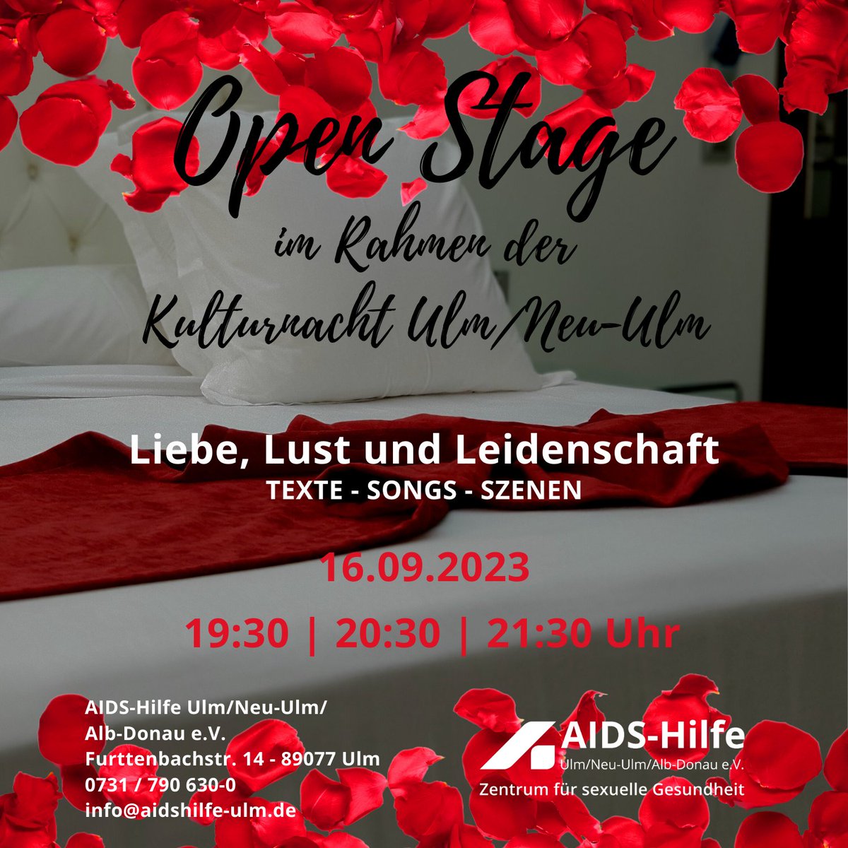 AIDSHilfeUlm's tweet photo. Diesen Samstag, den 16.09.2023,  findet in der Ulmer AIDS-Hilfe im Rahmen der Kulturnacht Ulm/Neu-Ulm eine Open Stage statt.

Der Einlass ist um 19:00 Uhr!

Wir bieten am Abend Getränke und Essen für euch an. https://t.co/NYyJiCxrH1