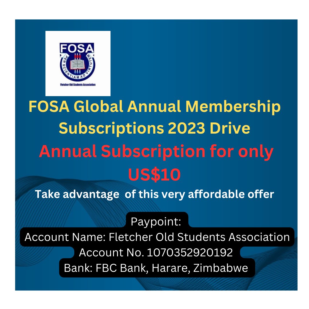 FletcherAlumni's tweet photo. On behalf of FOSA Global Excom, we would like to announce that The FOSA Bank Account with FBC Bank, Harare, Zimbabwe 🇿🇼 is now active.

The details are as follows:

Account Name: Fletcher Old Students Association

Account No: 1070352920192

Bank: FBC Bank, Harare, Zimbabwe https://t.co/bZB1U032GE
